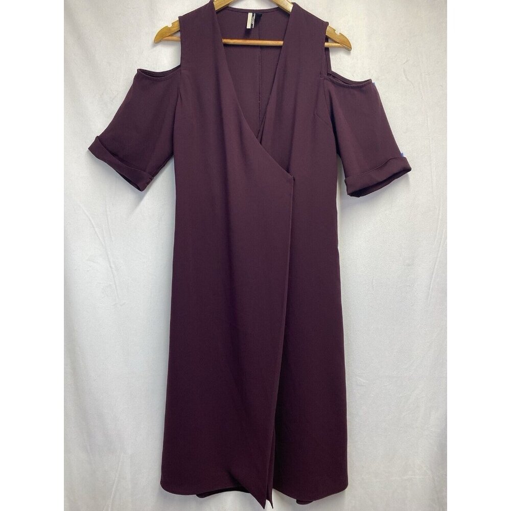 TOP SHOP Cold Shoulder Short Sleeve Midi Wrap Dress Women Sz 6 Burgundy V-Neck